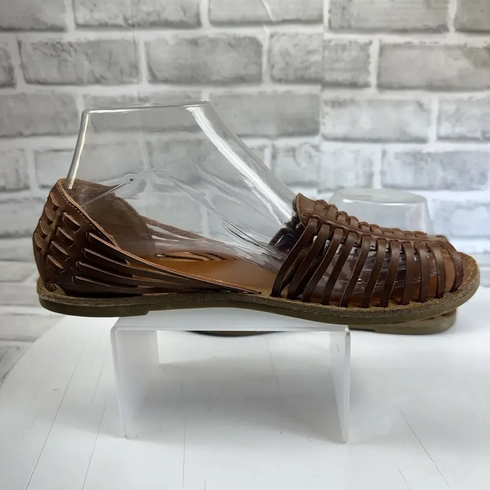 Classic Women's Size 8 Brown Leather Huarache Flats Comfort Open Toe Sandals